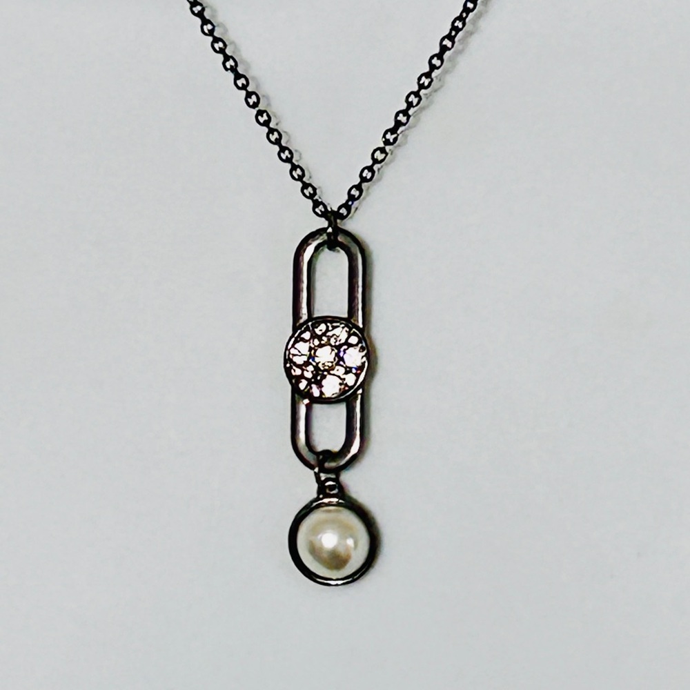 Vintage Gun Metal Rhinestone & Faux Pearl Pendant Chain Necklace Premier Jewelry